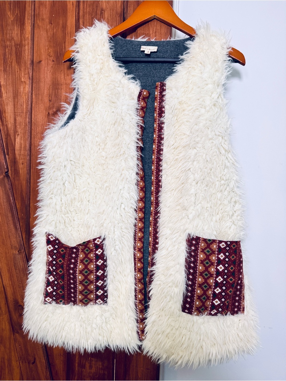 Hem & Thread Ivory Teddy Jacket with Rust Tribal Trim